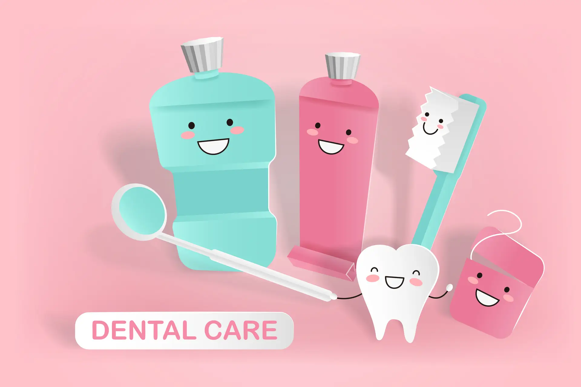 cute cartoon tooth with dental care on the pink background